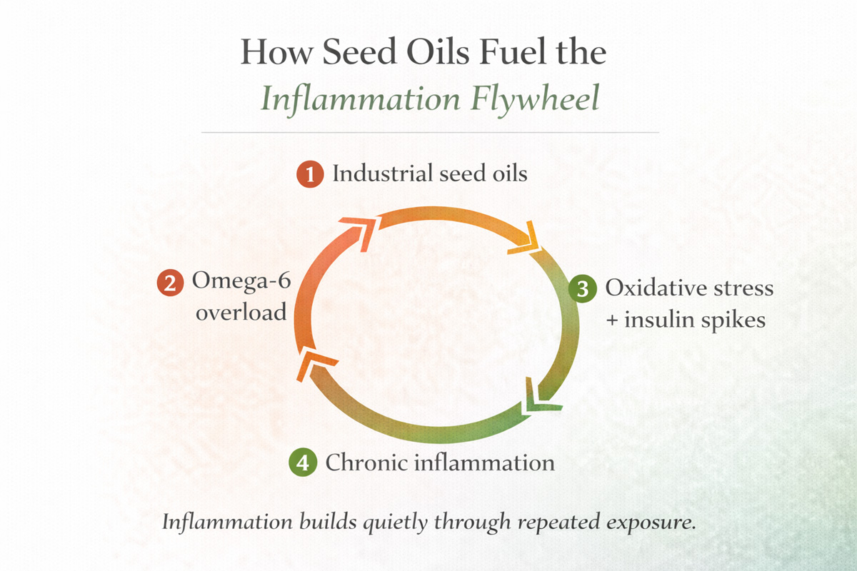 Infographic on the inflammation flywheel and how oils affect it.