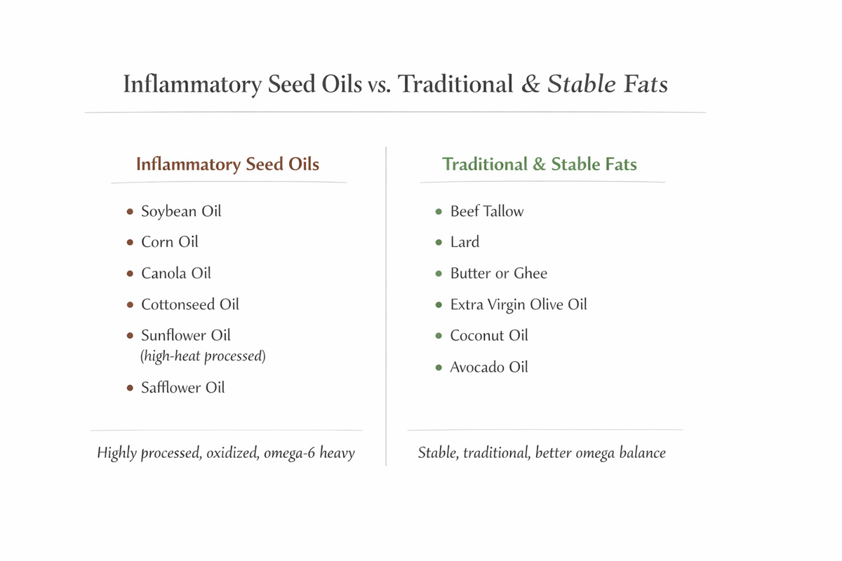 Infographic on seed oils vs traditional fats.