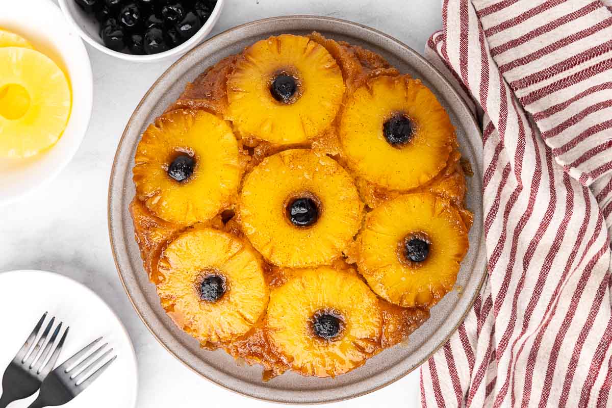 Bird's eye view of a pineapple upside down cake.