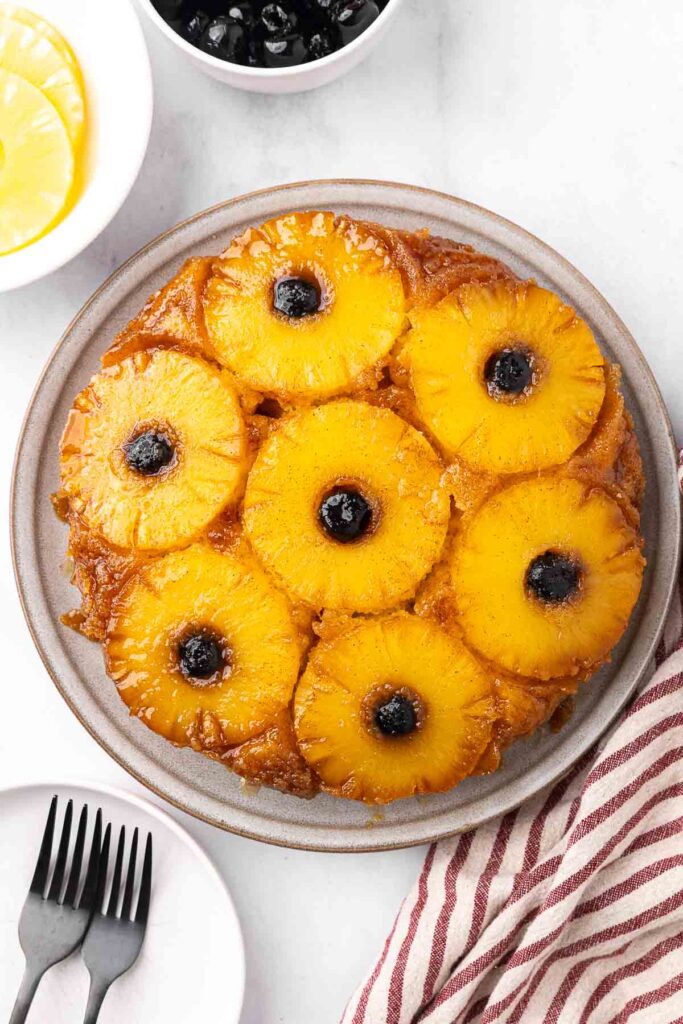 Bird's eye view of a pineapple upside down cake.