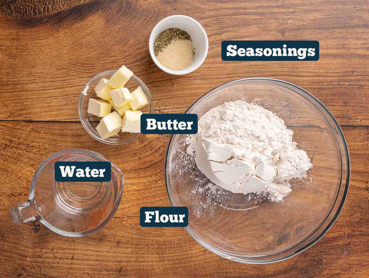 Homemade cracker recipe ingredients: flour, butter, water, and seasonings.
