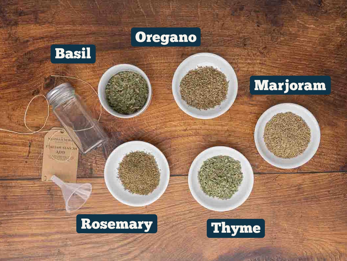 DIY Italian seasoning ingredients: basil, oregano, marjoram, thyme and rosemary.