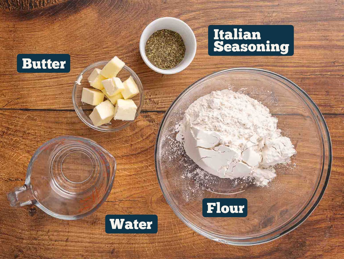 Italian cracker ingredients: flour, Italian seasoning, butter, and water.