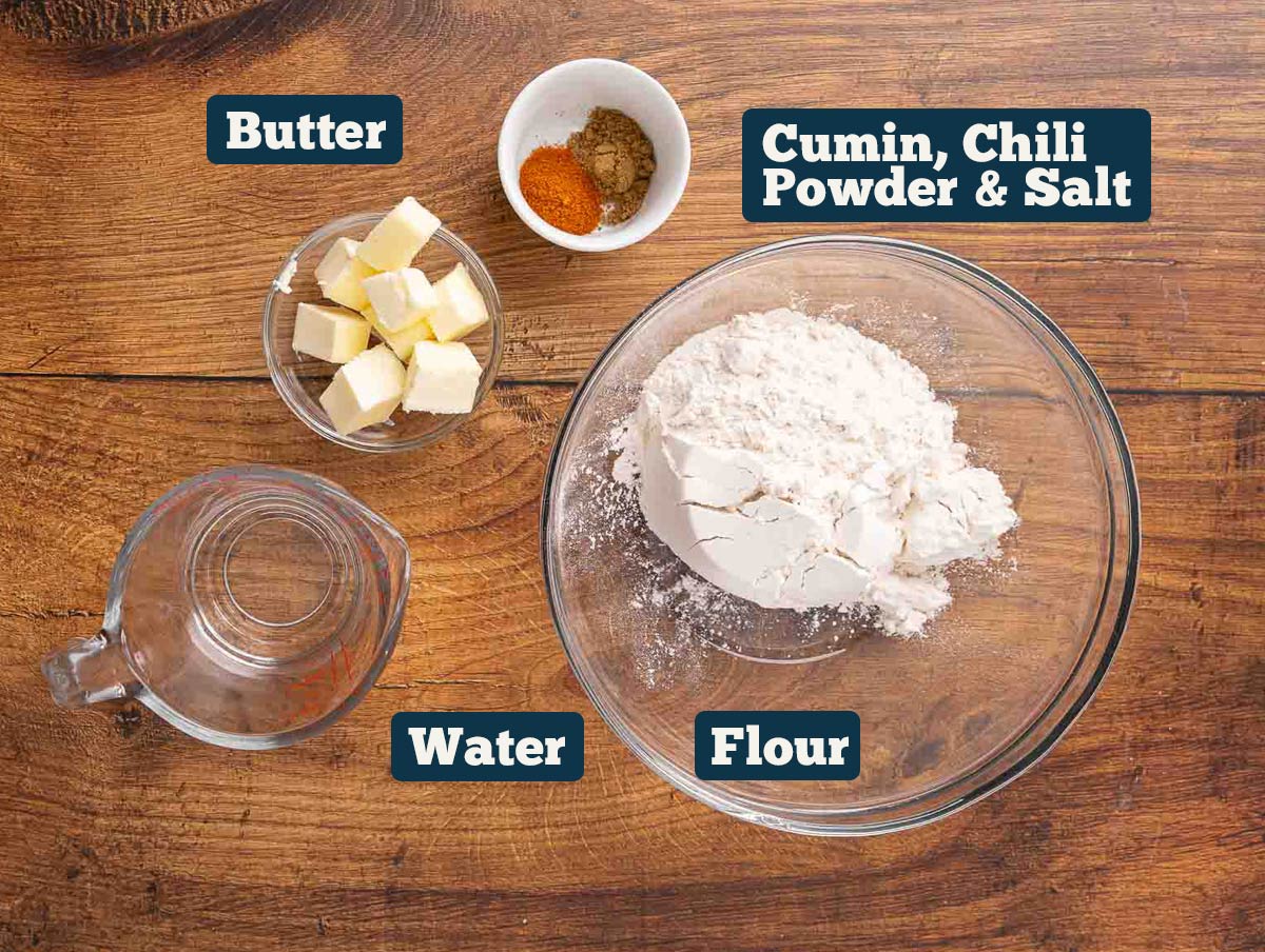 Mexican cracker ingredients: flour, water, butter, cumin, chili powder, and salt.