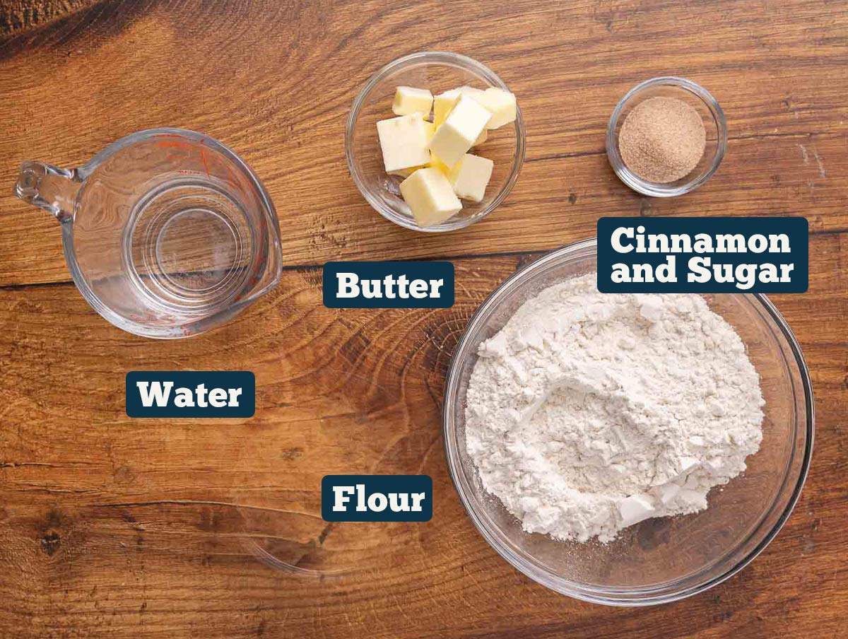 Sweet and salty cracker ingredients: flour, cinnamon, sugar, water, and butter.