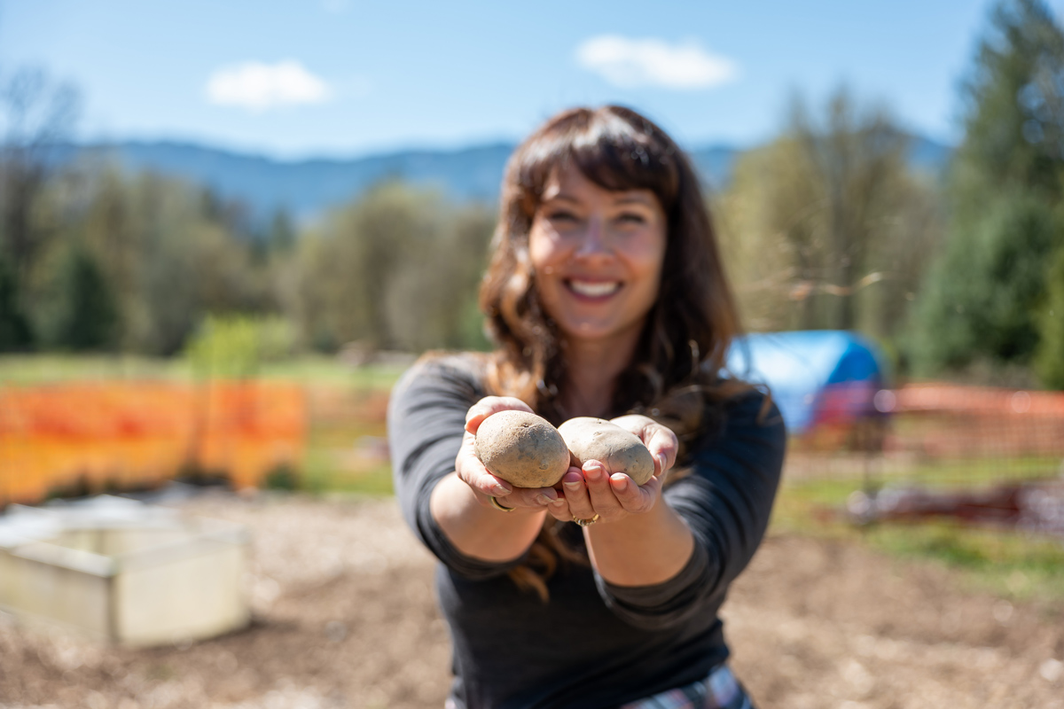 A woman holding potatoes in the garden.