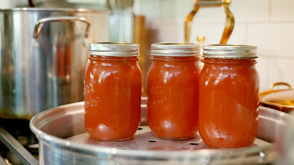 Jars of canned tomato sauce in a steam canner.