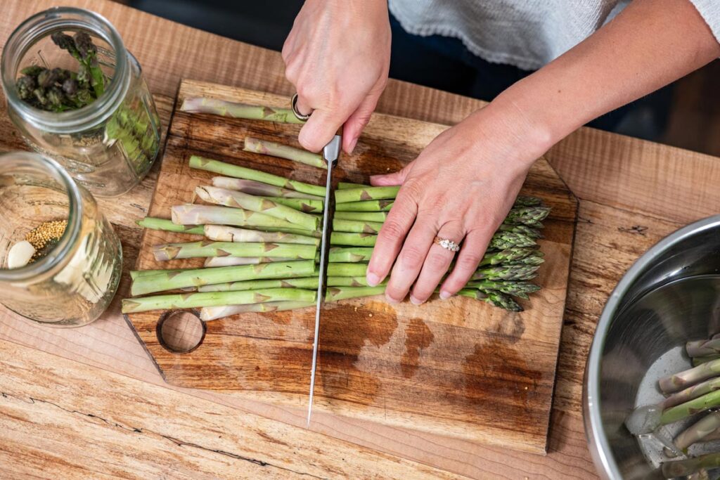 Asparagus on a cutting board.