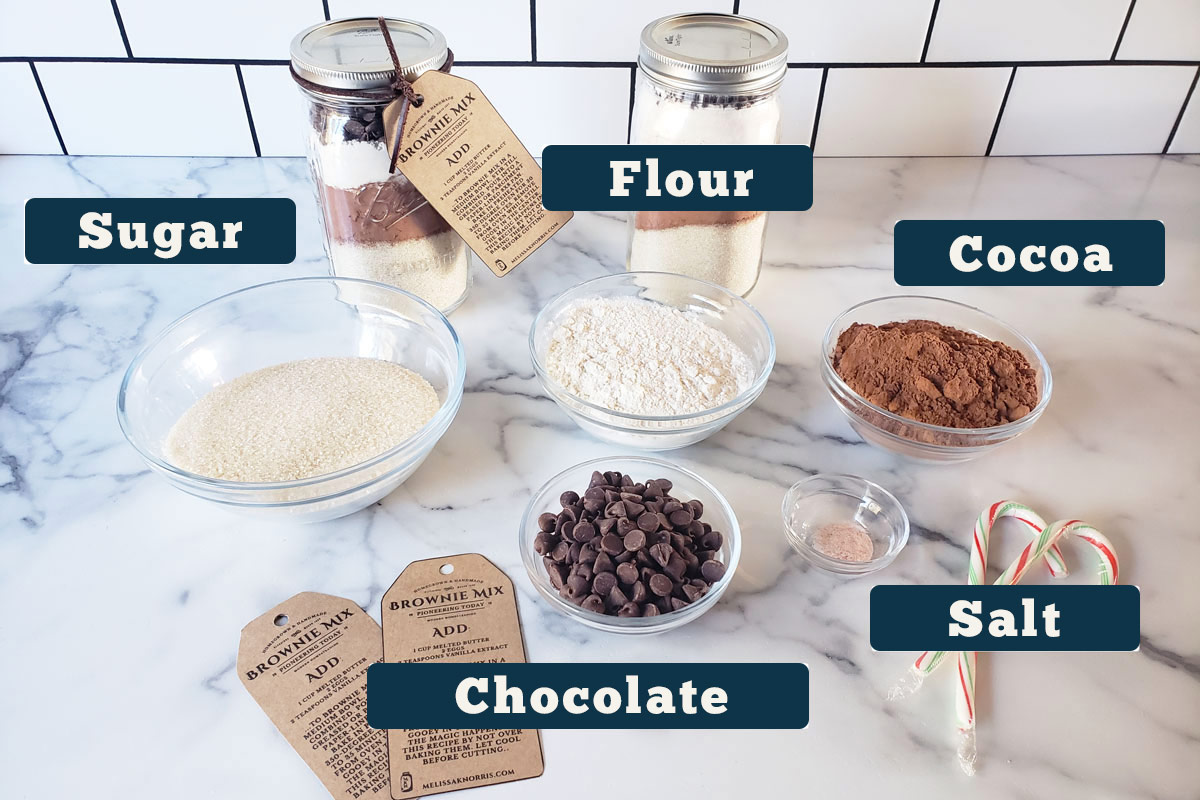 Homemade brownie mix ingredients: flour, cocoa, salt, chocolate, and sugar.