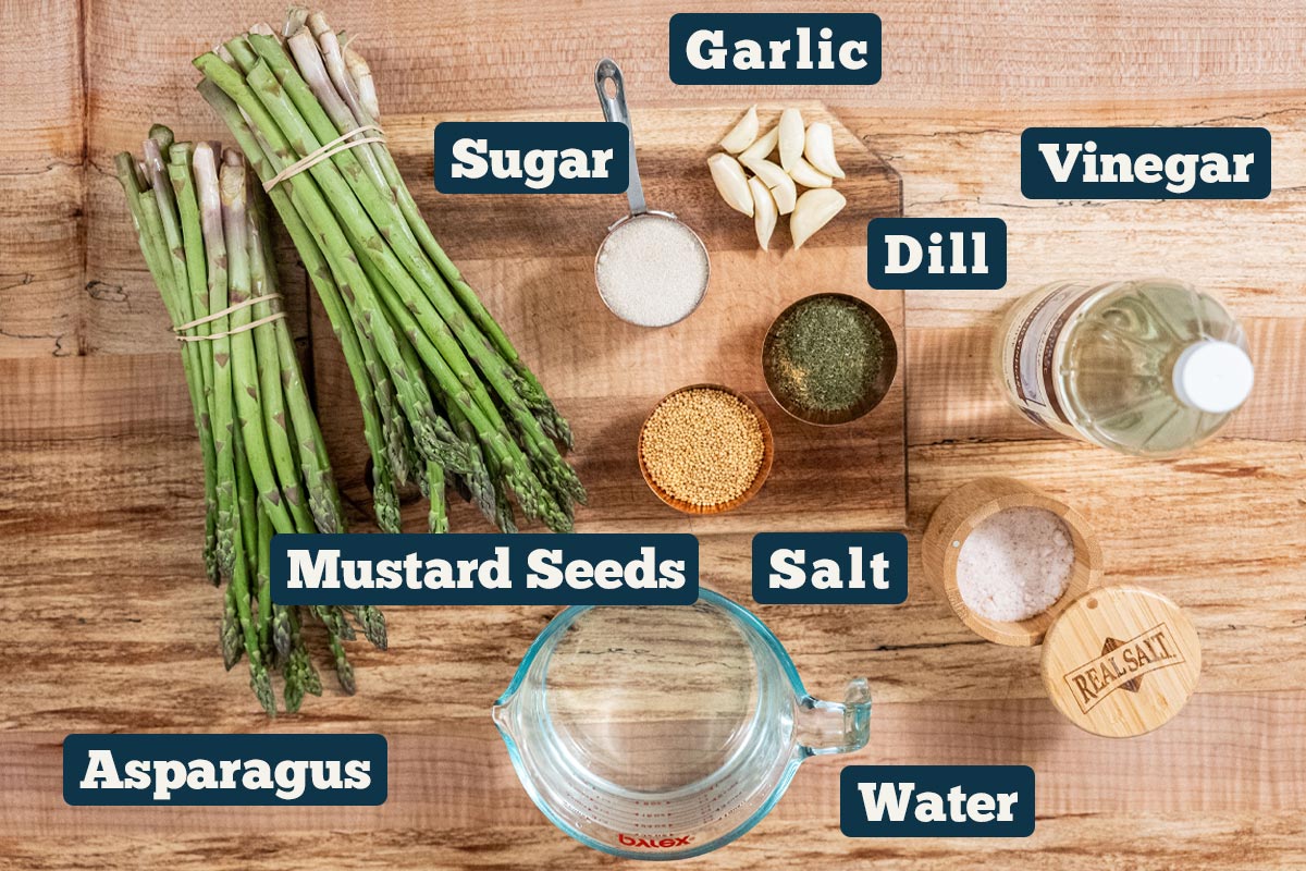 Ingredients for homemade pickled asparagus.