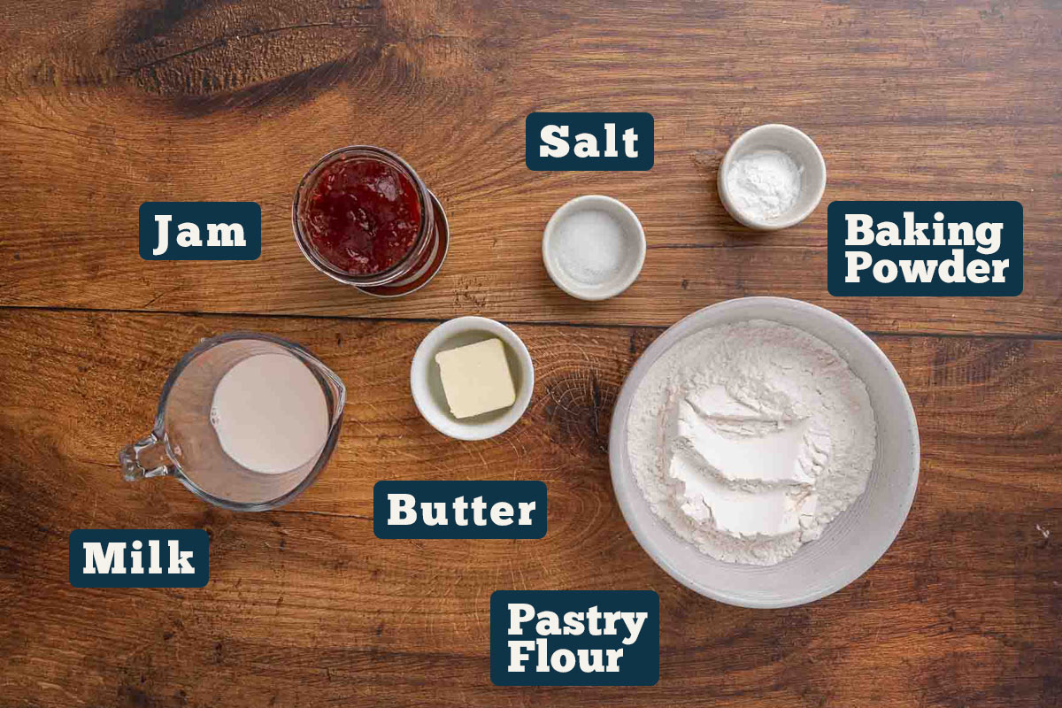 Jam roly poly ingredients: flour, butter, salt, jam, baking powder, and milk.