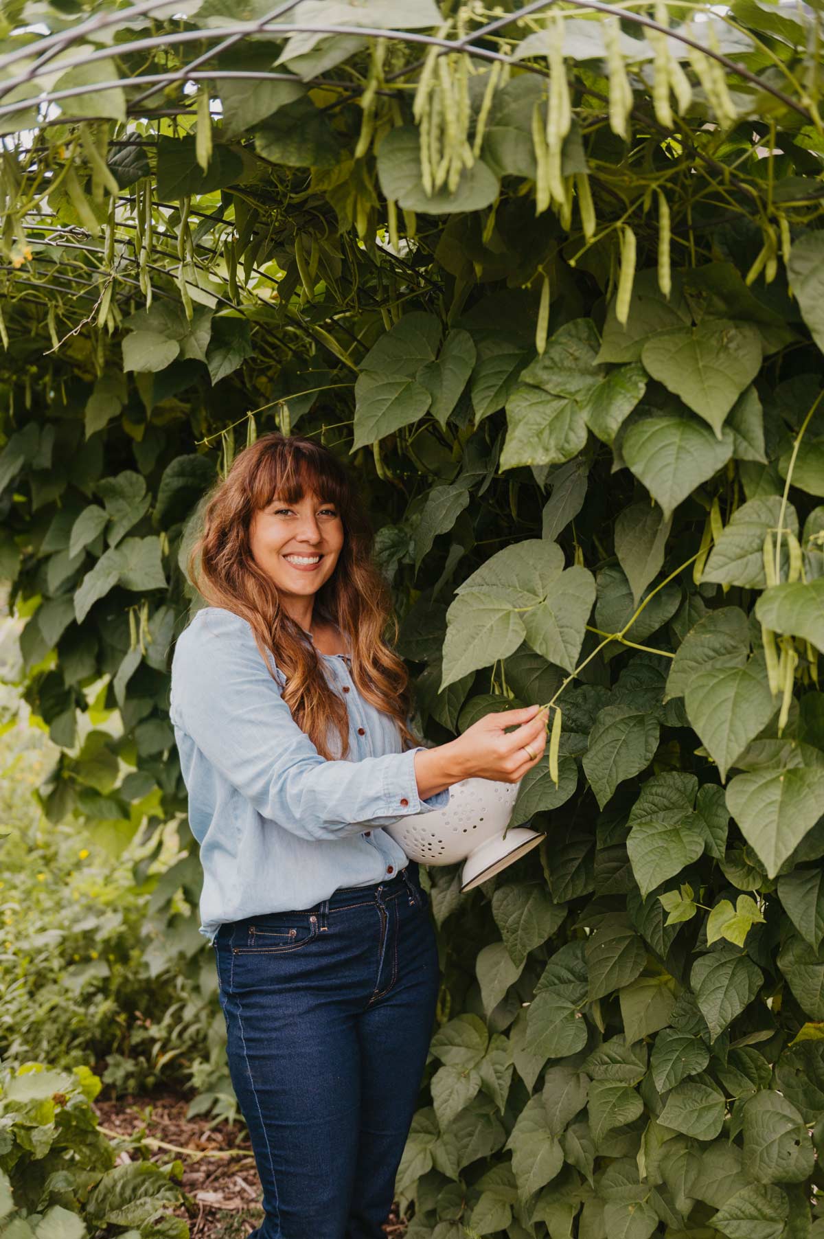A woman picking pole beans in the garden.