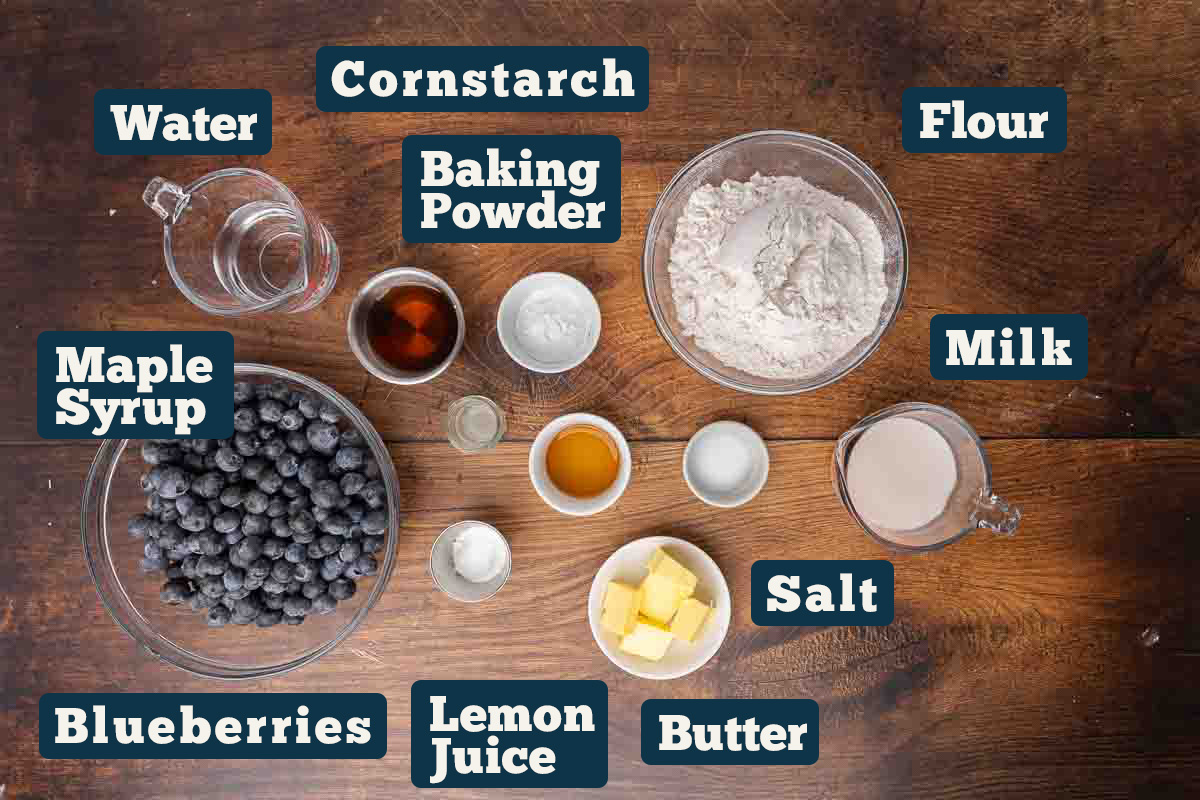 Blueberry dumpling ingredients: Water, Maple Syrup, Cornstarch, Flour, Blueberries, Lemon Juice, Salt, Milk, Baking Powder and Butter.