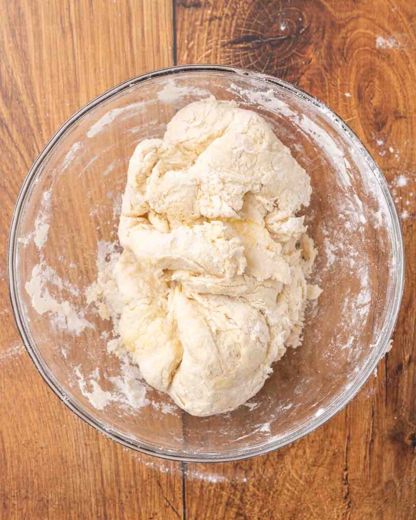 A bowl filled with dumpling dough.