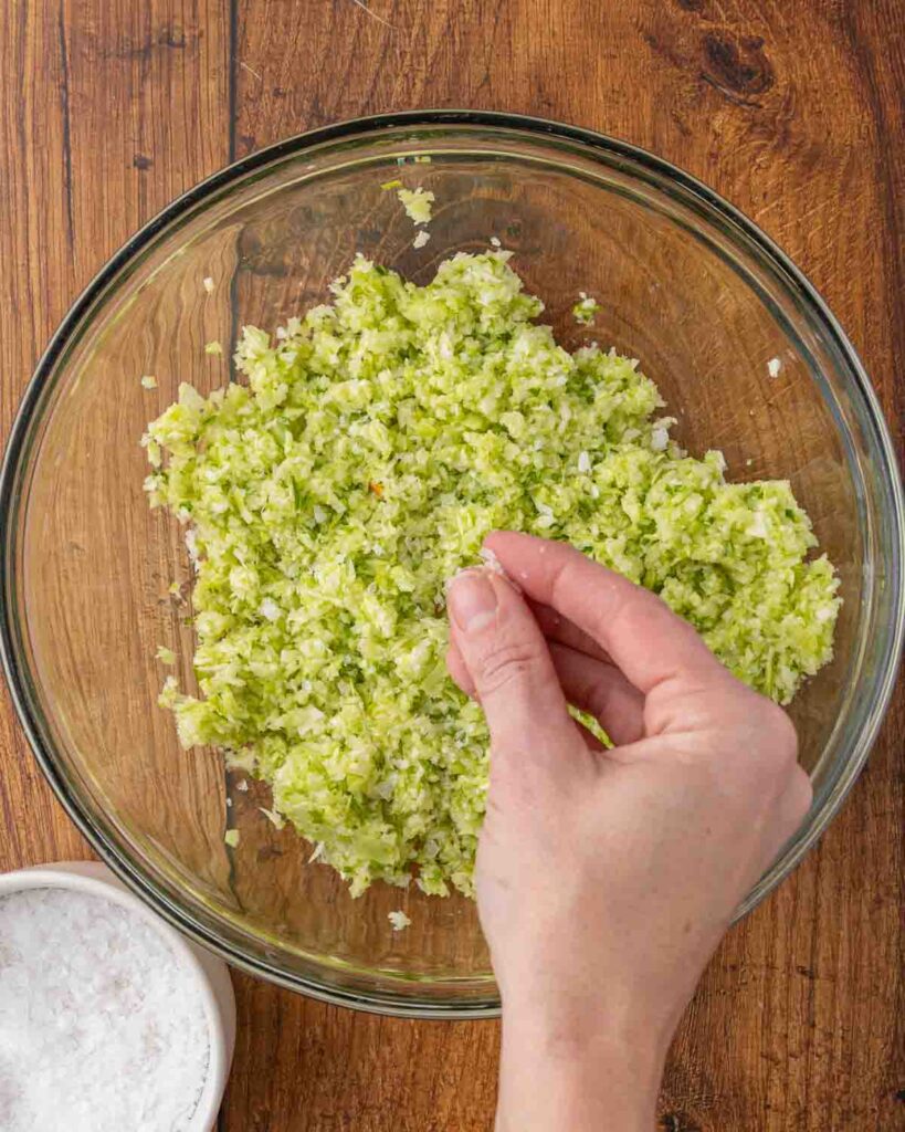 A hand sprinkling salt over a bowl filled with shredded cabbage.