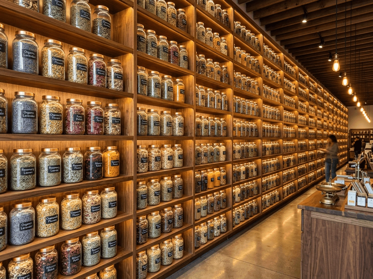 Jars of herbs on shelves at the Earthley retail store.