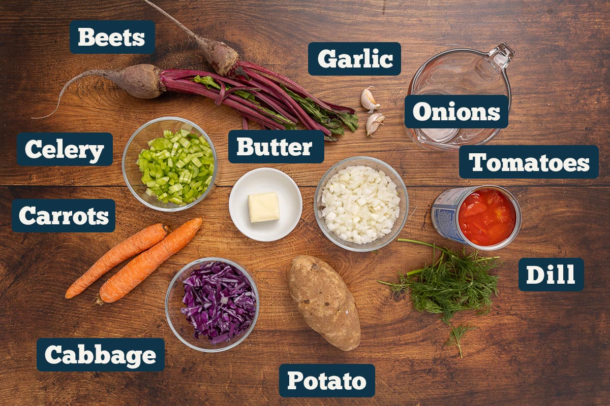 Borscht ingredients: Tomatoes, Dill, Garlic, Onions, Potato, Beets, Butter. Cabbage, Celery, and Carrots