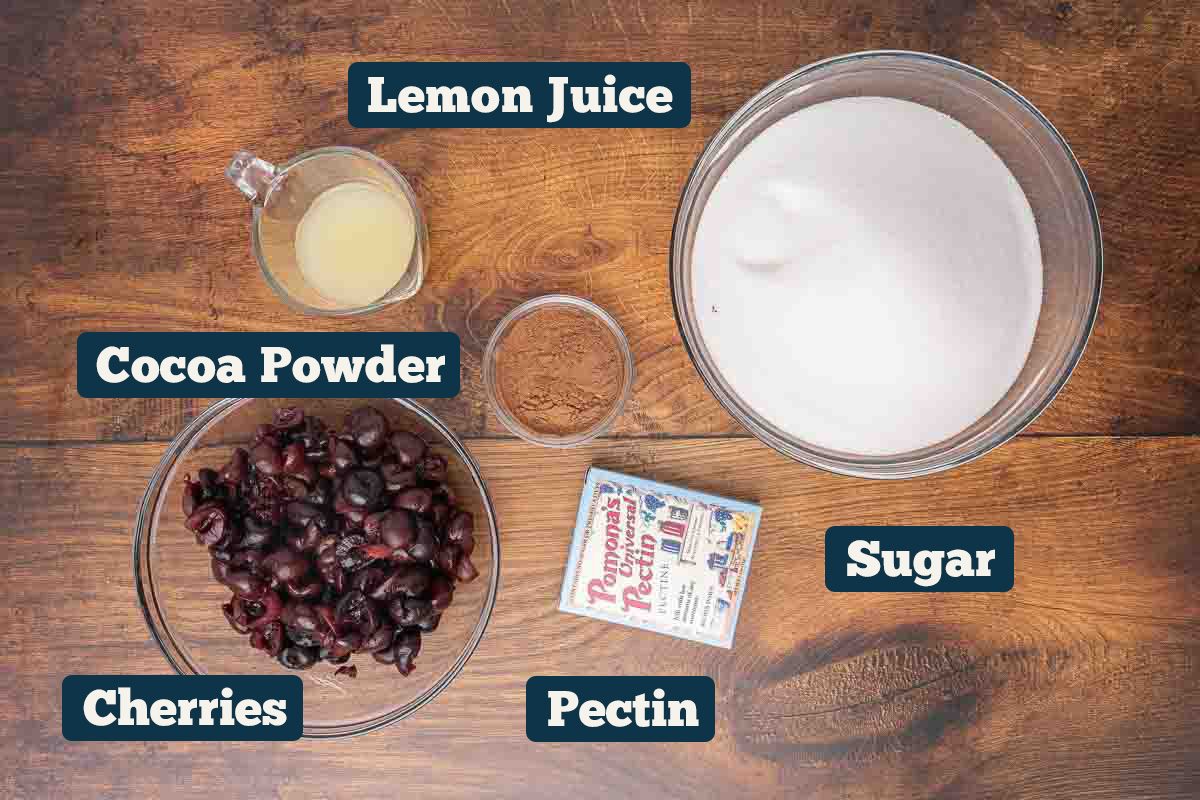 Chocolate cherry sauce ingredients: lemon juice, cocoa powder, cherries, pectin, and sugar.