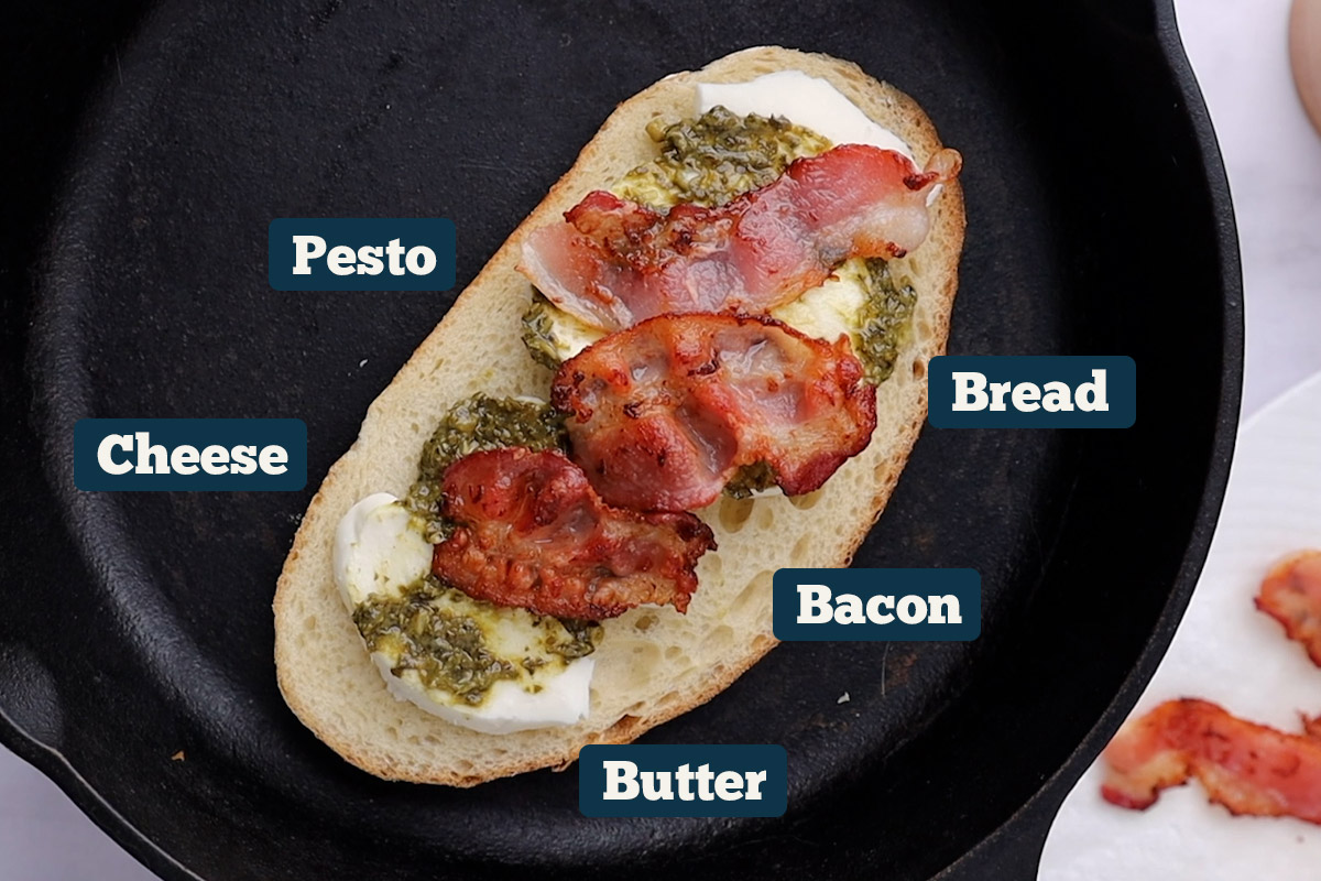 Pesto grilled cheese ingredients: bread, pesto, cheese, bacon, and butter.