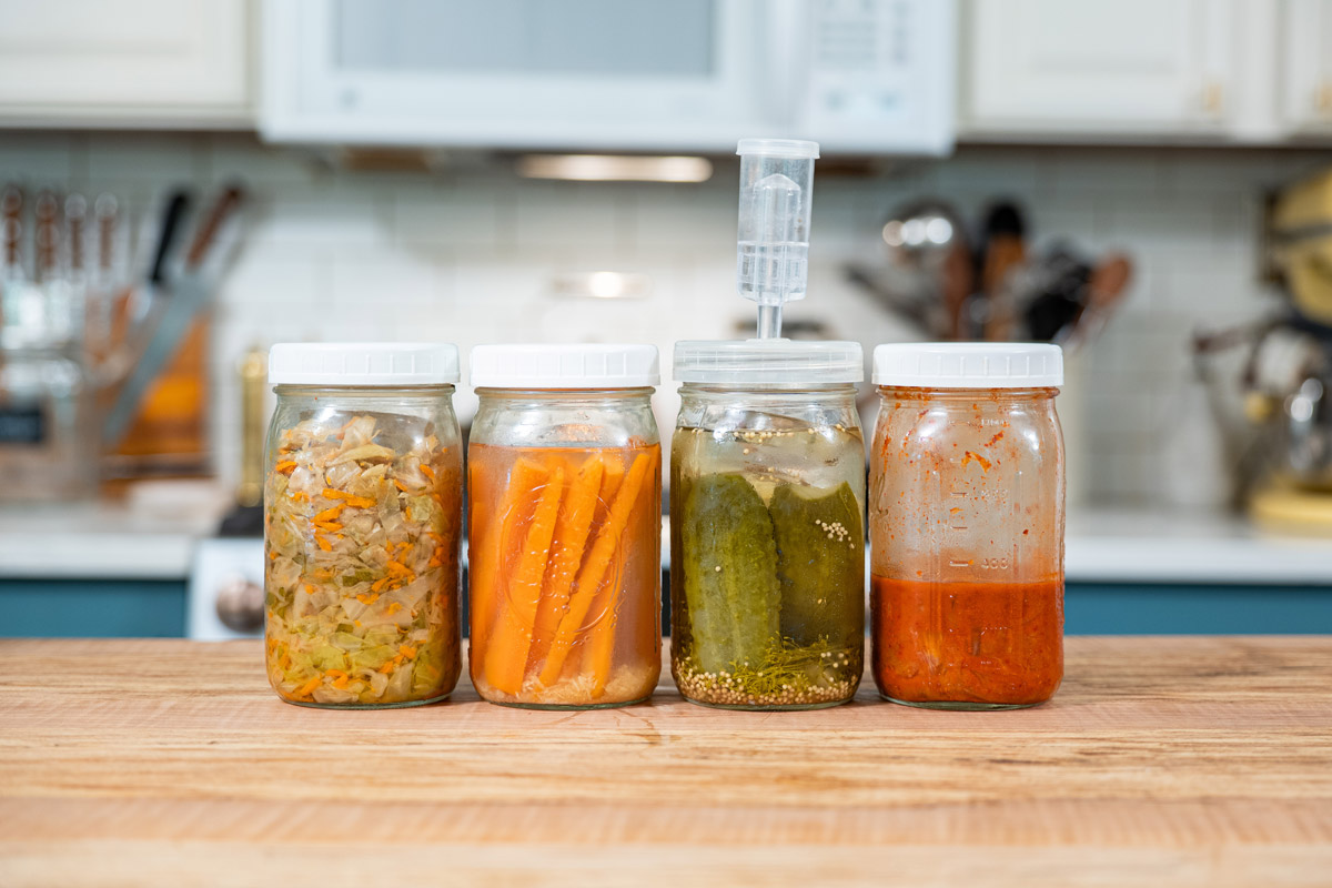 Four jars of fermented foods on a kitchen counter.